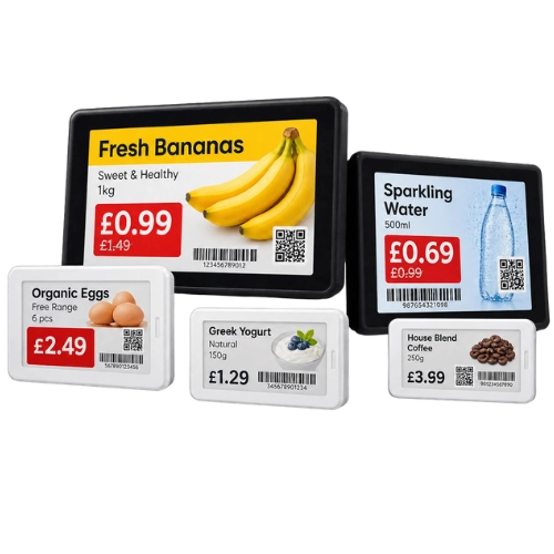 Digital price tags with product photos, sale prices and QR codes displayed on e-ink screens