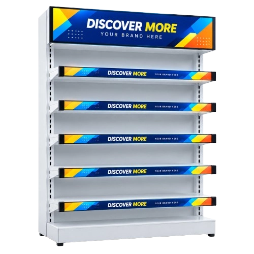 shelf with stretched bar displays showing brand advertising on the header and every shelf edge