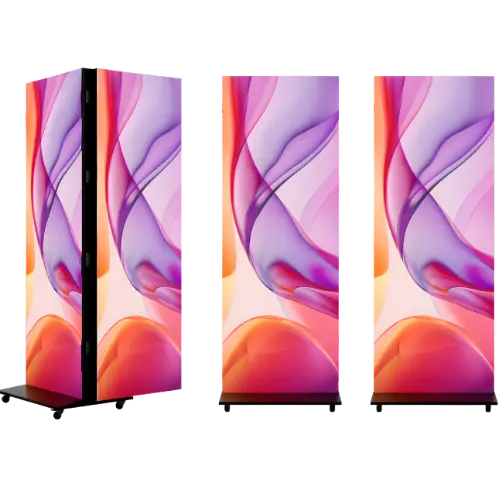 Double-sided Poster LED Screen on a mobile wheeled stand shown from the side and front
