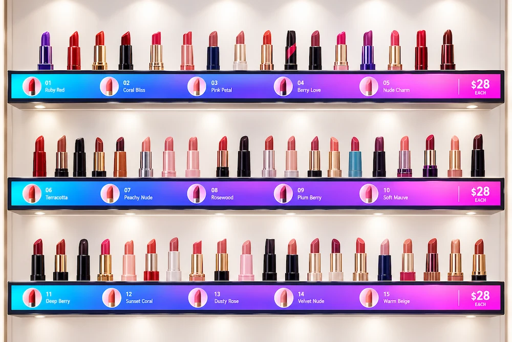 Electronic shelf displays on three lipstick shelves showing shade names and prices