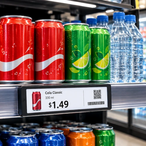 Electronic shelf label showing a price with barcode & QR code in a convenience store