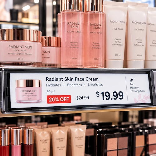 Electronic shelf label showing 20% off a face cream on a in a cosmetics store