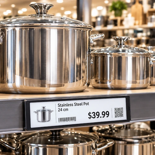 Electronic shelf label showing price, barcode and QR code in a department store