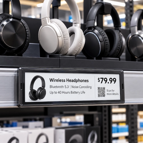 Electronic shelf price tag system under headphones showing the price, features and a QR code
