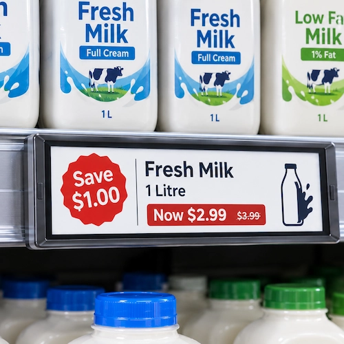 Electronic shelf label showing fresh milk reduced to $2.99 on a store shelf