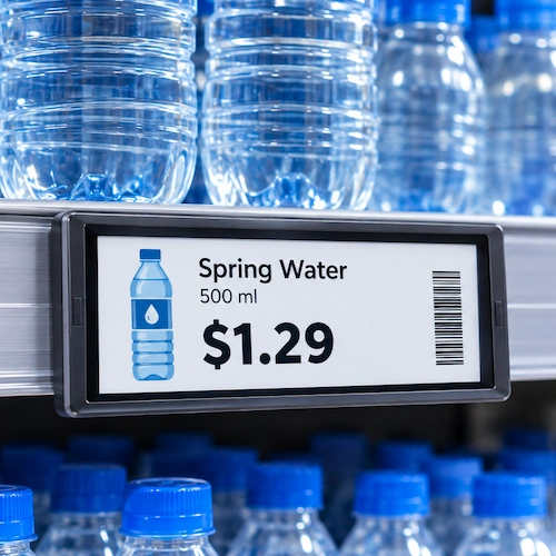 Electronic shelf label showing a $1.29 price and barcode on a grocery store shelf