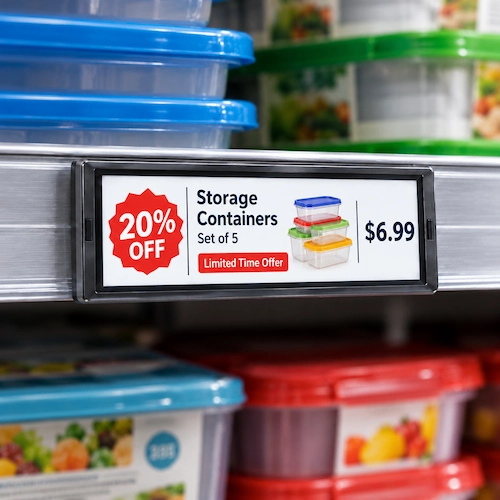 Electronic shelf label showing a 20% off limited time offer on a set of storage containers