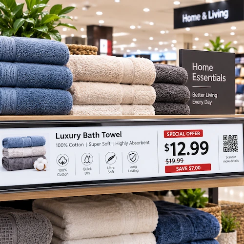 Electronic shelf label showing a offer price and features in a fashion retail store