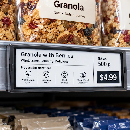 Electronic shelf label showing product specifications, weight and price for granola