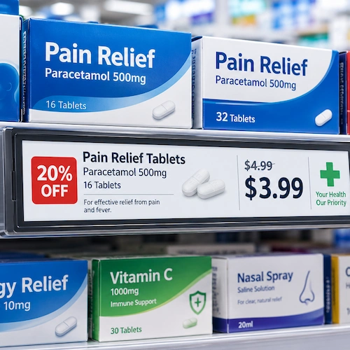 Electronic shelf label showing a discounted price on a pharmacy shelf