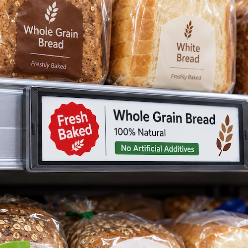 Electronic shelf label showing a Fresh Baked tag on a retail store shelf