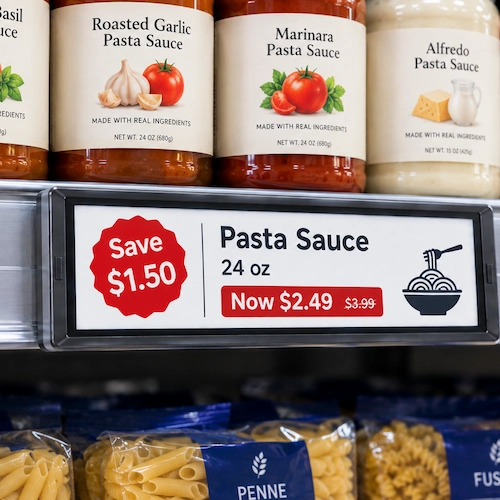 Electronic shelf label showing a Save $1.50 pasta sauce offer on a supermarket shelf