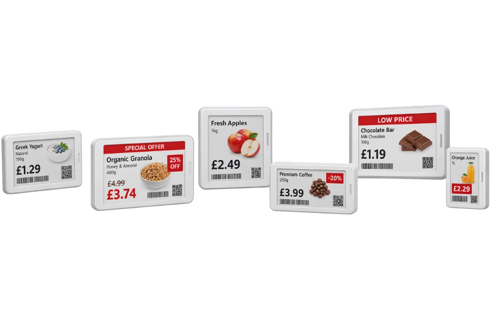 electronic shelf labels in different sizes showing grocery prices, discounts, barcodes and QR codes