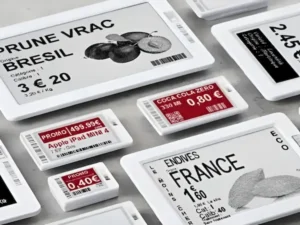 Digital shelf labels showing prices for various food items