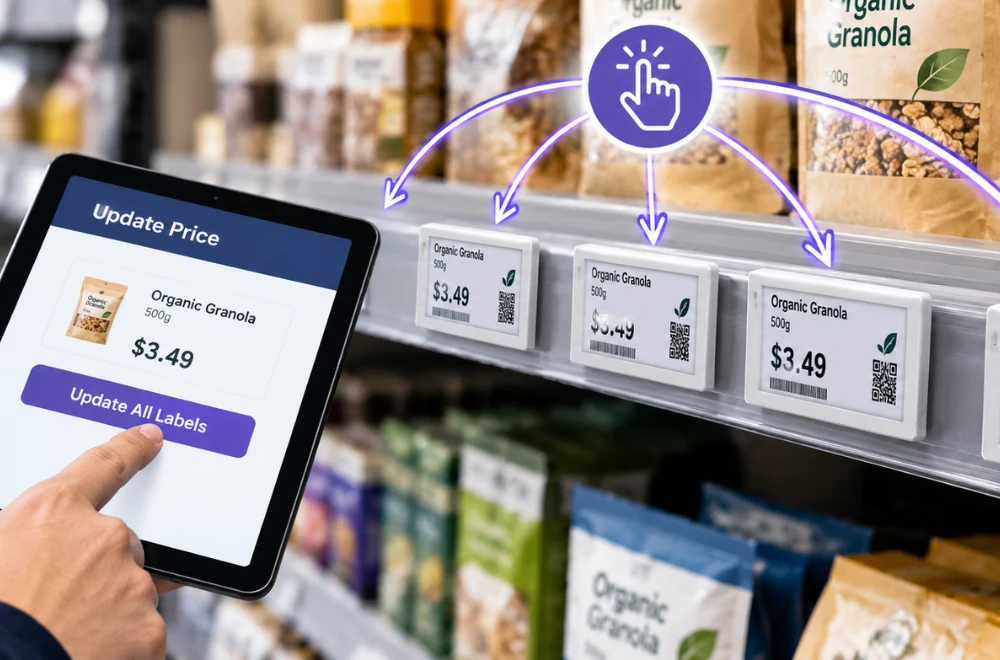 Tablet updating all electronic shelf labels for organic granola to $3.49 in one click