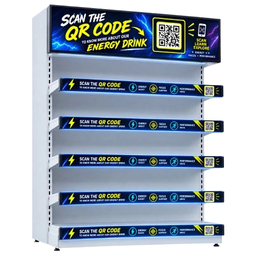 Electronic shelf displays showing a scannable QR code promotion for an energy drink