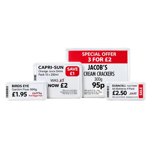 Multiple digital price tags showing promotional prices, including a Special Offer and a Sale label