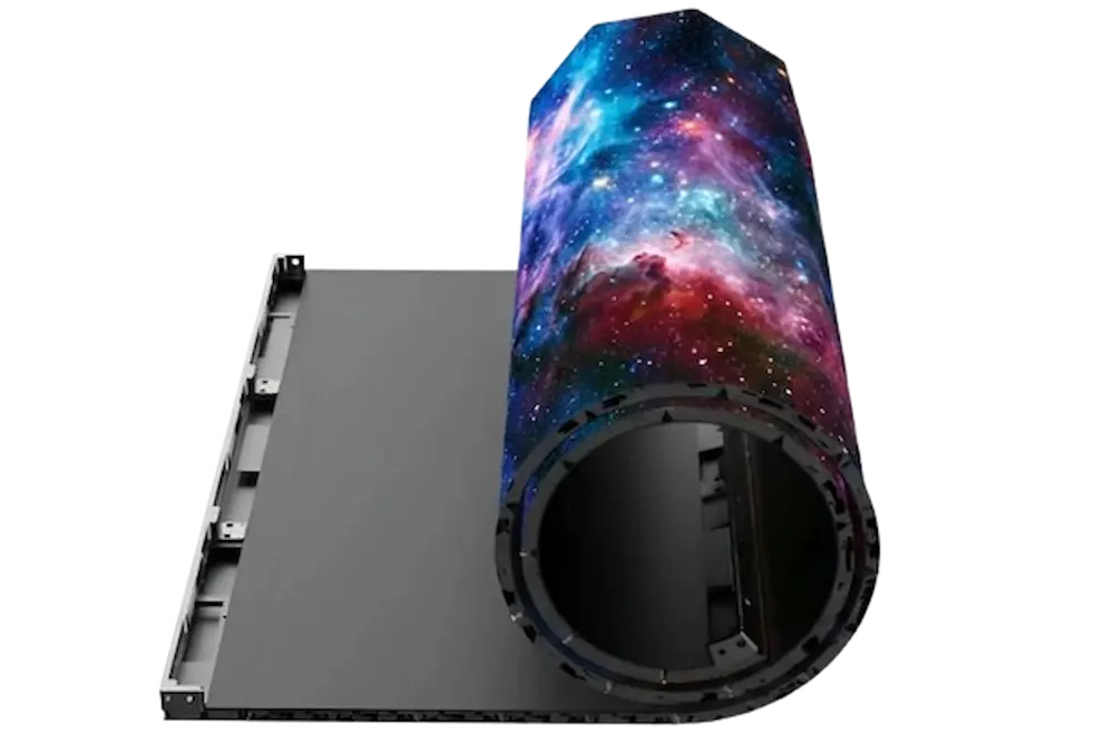Flexible LED screen rolled up like a cylinder showing a colorful galaxy display