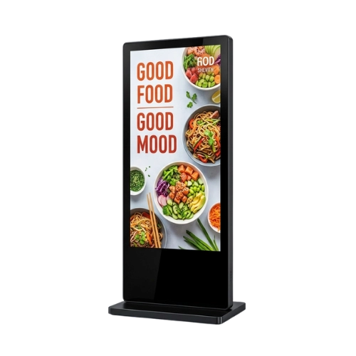 Floor standing LCD display screen with a vertical Good Food advertisement