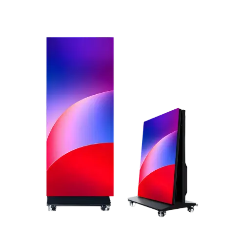 Foldable poster screen on a wheeled stand shown from the front and side with a gradient screen