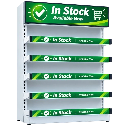 Electronic shelf displays showing In Stock, Available Now messages on a retail shelf