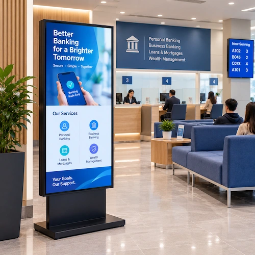 Freestanding LED poster display in a bank lobby showing banking services