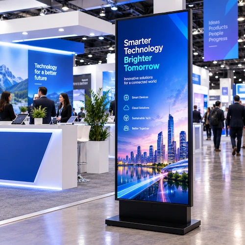 Freestanding LED poster display at a technology expo stand