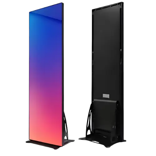Floor-standing indoor LED poster display shown from the front and back