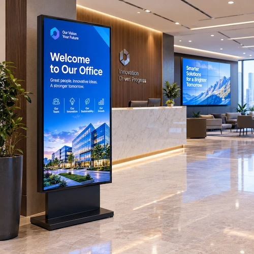 Freestanding LED poster display in a modern office lobby showing a Welcome message