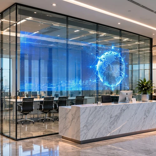 Indoor transparent LED screen on a glass meeting room partition near a reception desk