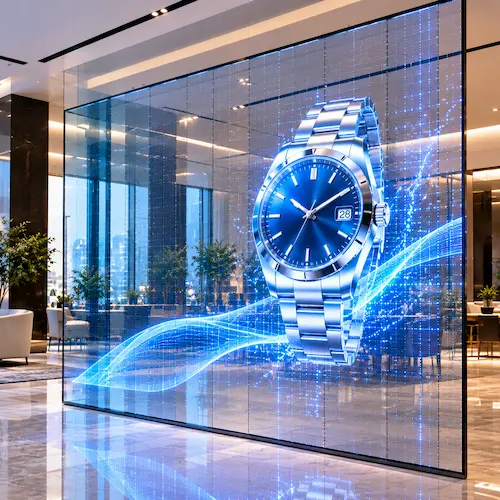 Indoor transparent LED screen in a luxury showroom showing a 3D blue watch animation