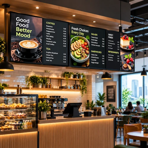 Row of LCD digital menu boards above a cafe counter displaying coffee, salads, sandwiches and desserts