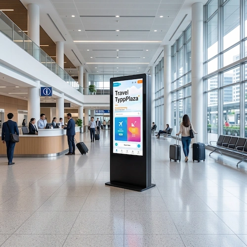 Floor-standing LCD digital signage kiosk displaying travel information in an airport terminal