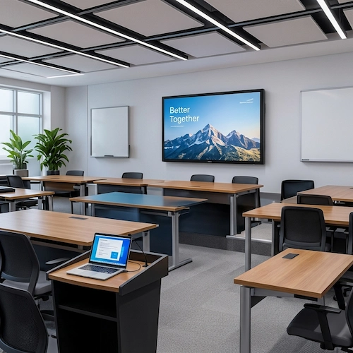 Wall-mounted LCD display in a modern classroom for presentations and training