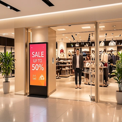 Portrait LCD standee display showing a sale promotion at a retail store entrance