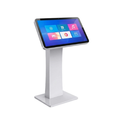 Interactive LCD touch kiosk on a slim pedestal base showing an app menu on a tilted touchscreen