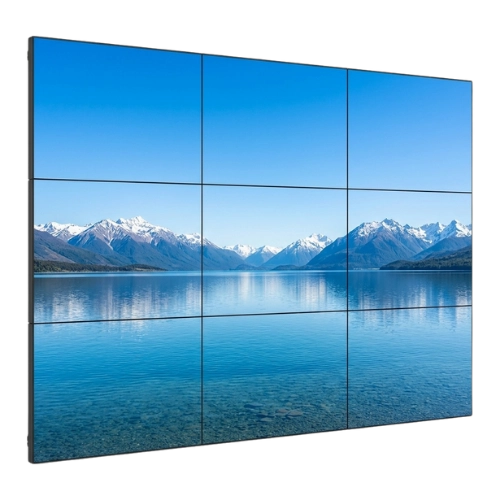 LCD video wall made of nine panels showing a single mountain lake image with thin bezels