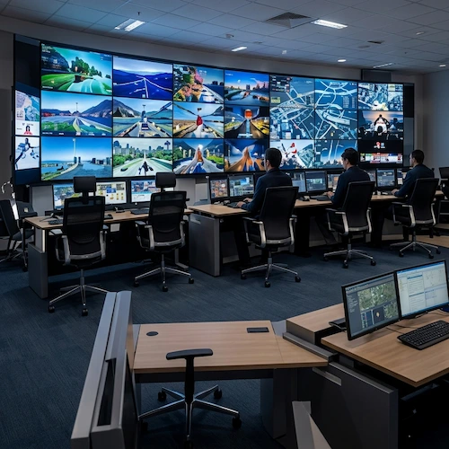 Large LCD video wall in a control room displaying live monitoring feeds and maps