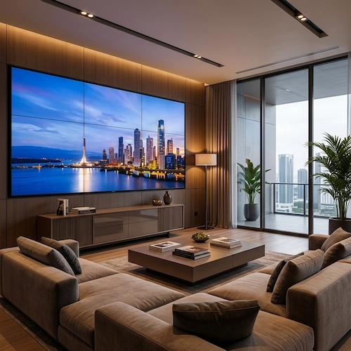 LCD video wall installed in a luxury living room showing a city skyline at sunset