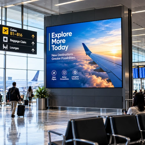 Digital display screen showing a travel advertisement in an airport terminal