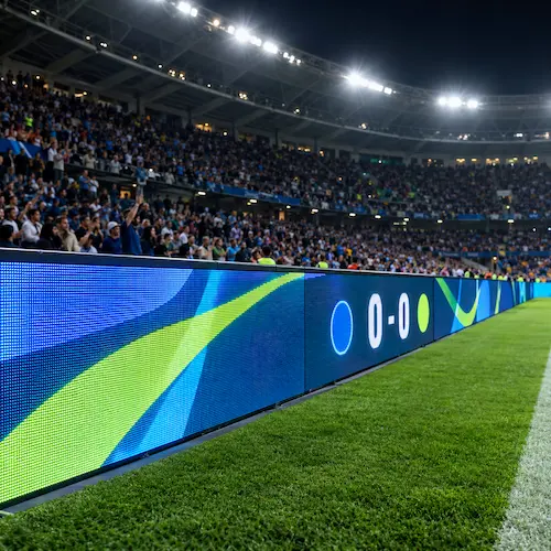 LED perimeter screen along the edge of a stadium pitch during a night match