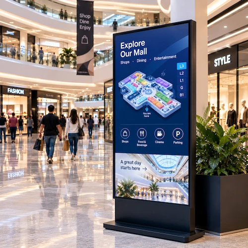 Freestanding LED poster display in a shopping mall atrium showing a mall directory map