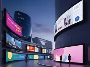 A variety of wall-mounted LED screens displaying different retail advertisements