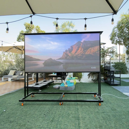 DGICON Mobile Outdoor LED billboard on wheels set up on a landscaped area at a restaurant
