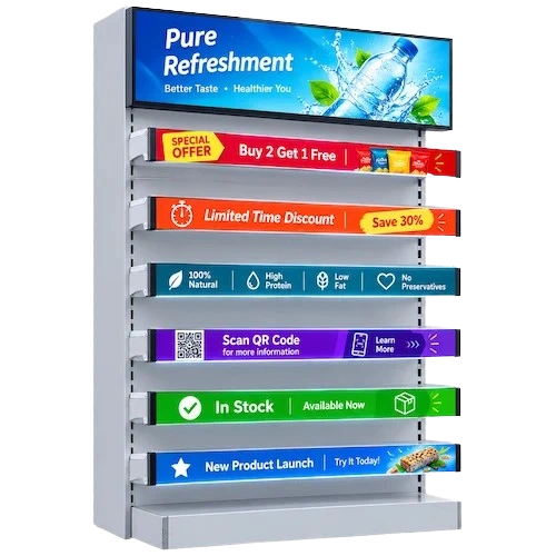 Retail shelf with electronic shelf display showing different content on each shelf