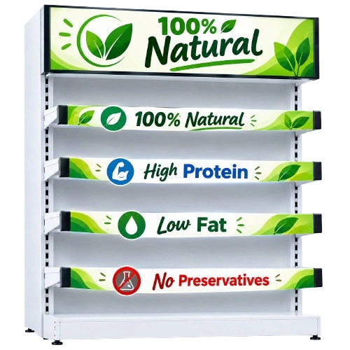 Electronic shelf displays showing 100% Natural, High Protein, Low Fat and No Preservatives labels