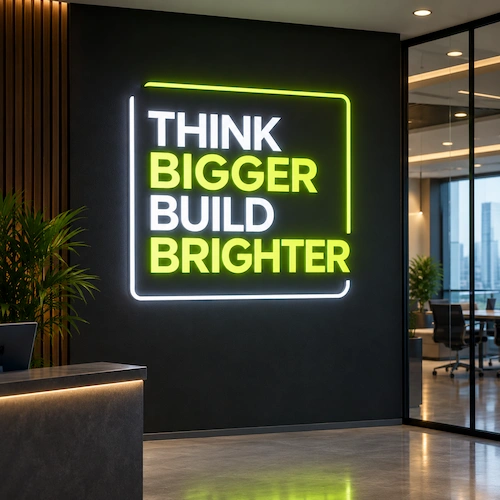 Modern corporate office reception wall featuring a large glowing LED sign