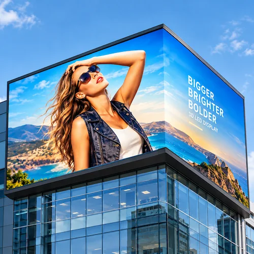 Outdoor 3D corner LED display mounted on a modern glass building, showing ad.