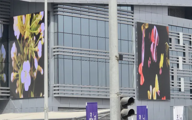 P8 outdoor LED screens on the facade of Space42 Arena in Abu Dhabi, displaying vivid visuals