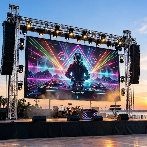 Outdoor LED video wall on a concert stage, showing a DJ with colorful laser graphics